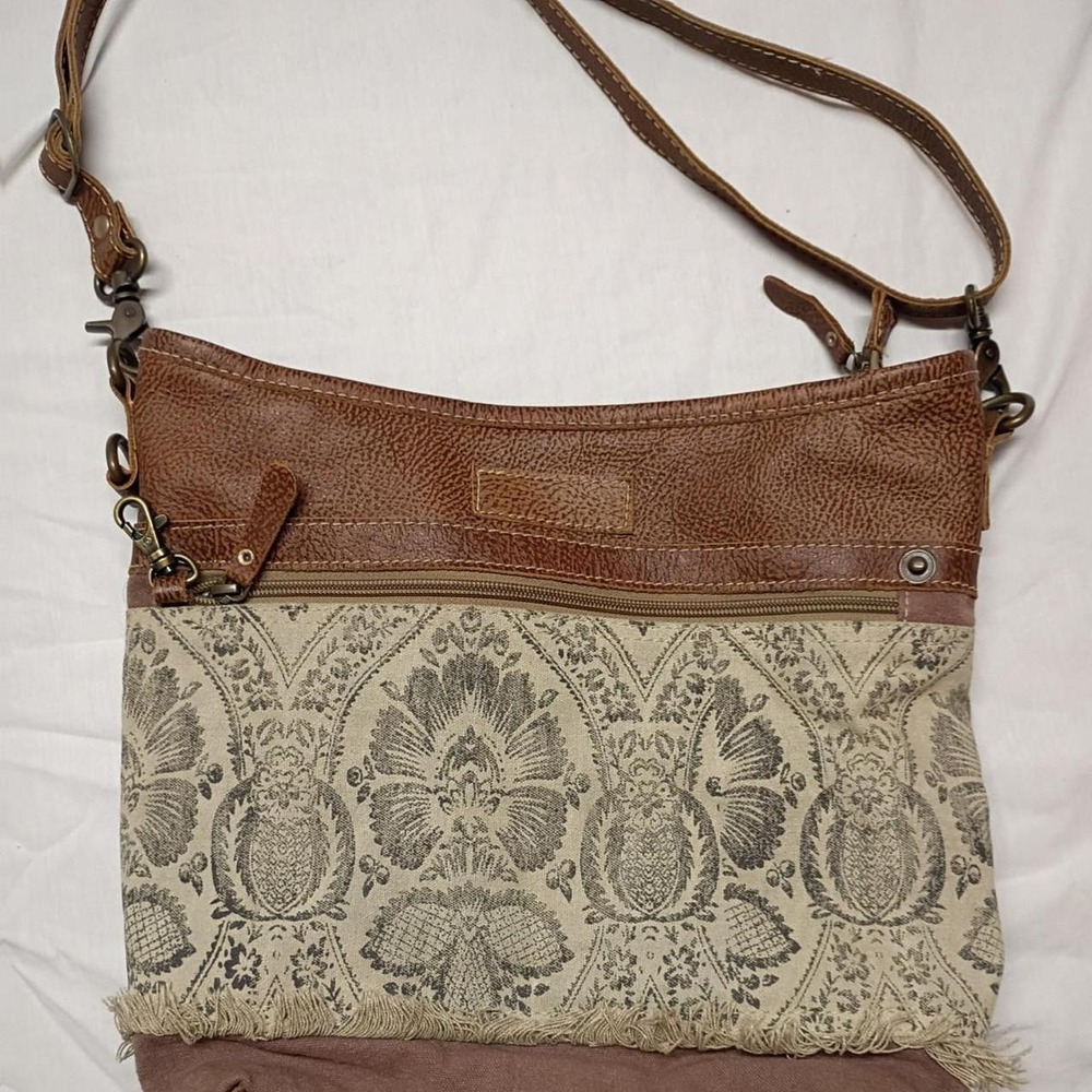 Myra Bag Brown Canvas Leather Tapestry Floral Crossbody Bag Boho Western